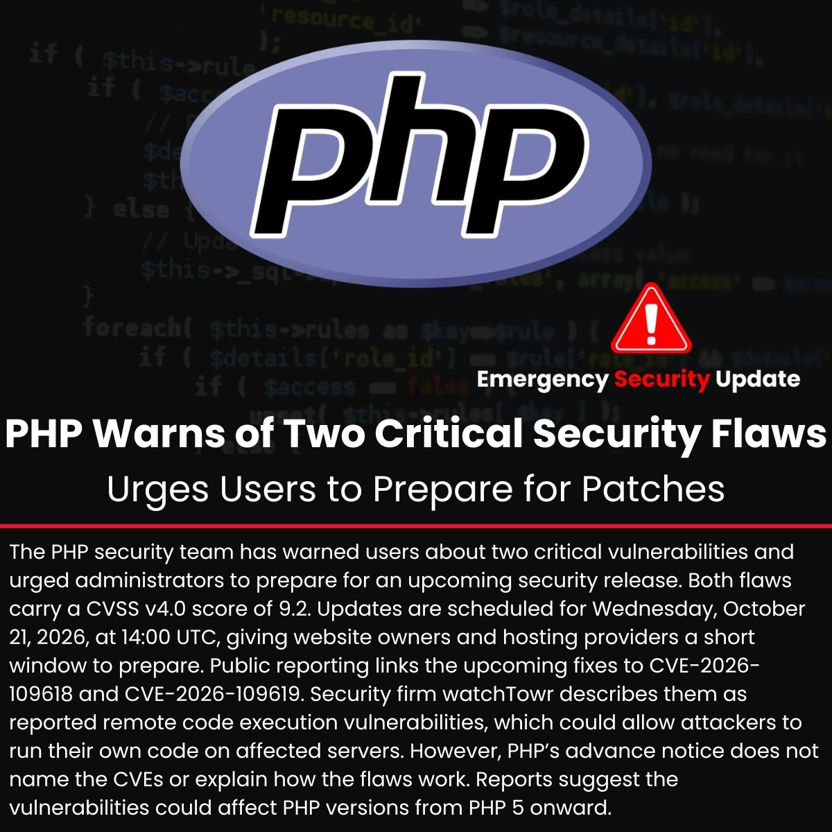PHP يطلق تحديثات طارئة لاحتواء مخاطر ثغرتين في PHP PHP يطلق تحديثات طارئة لاحتواء مخاطر ثغرتين في PHP
